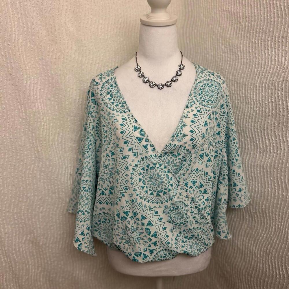 Love Sam White Teal Boho Wrap Top M Anthropologie Flowy Romantic Blue Green